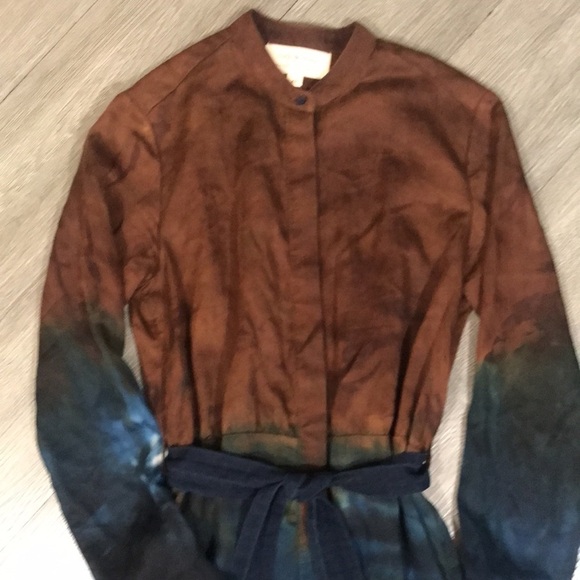 Cloth & Stone Anthropologie Ombré Blue Brown Roll Sleeve Belted Shirt Maxi Dress - Picture 10 of 14